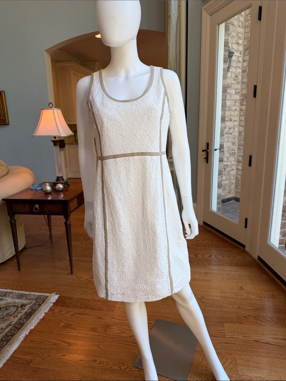 MICHAEL Michael Kors White Textured Tank Dress with Taupe Piping